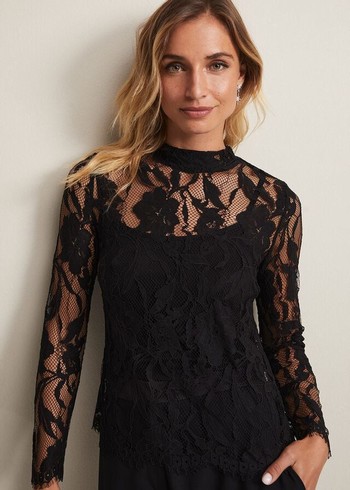 Phase Eight Lara Lace T Shirts Black USA | 6529841-ZN